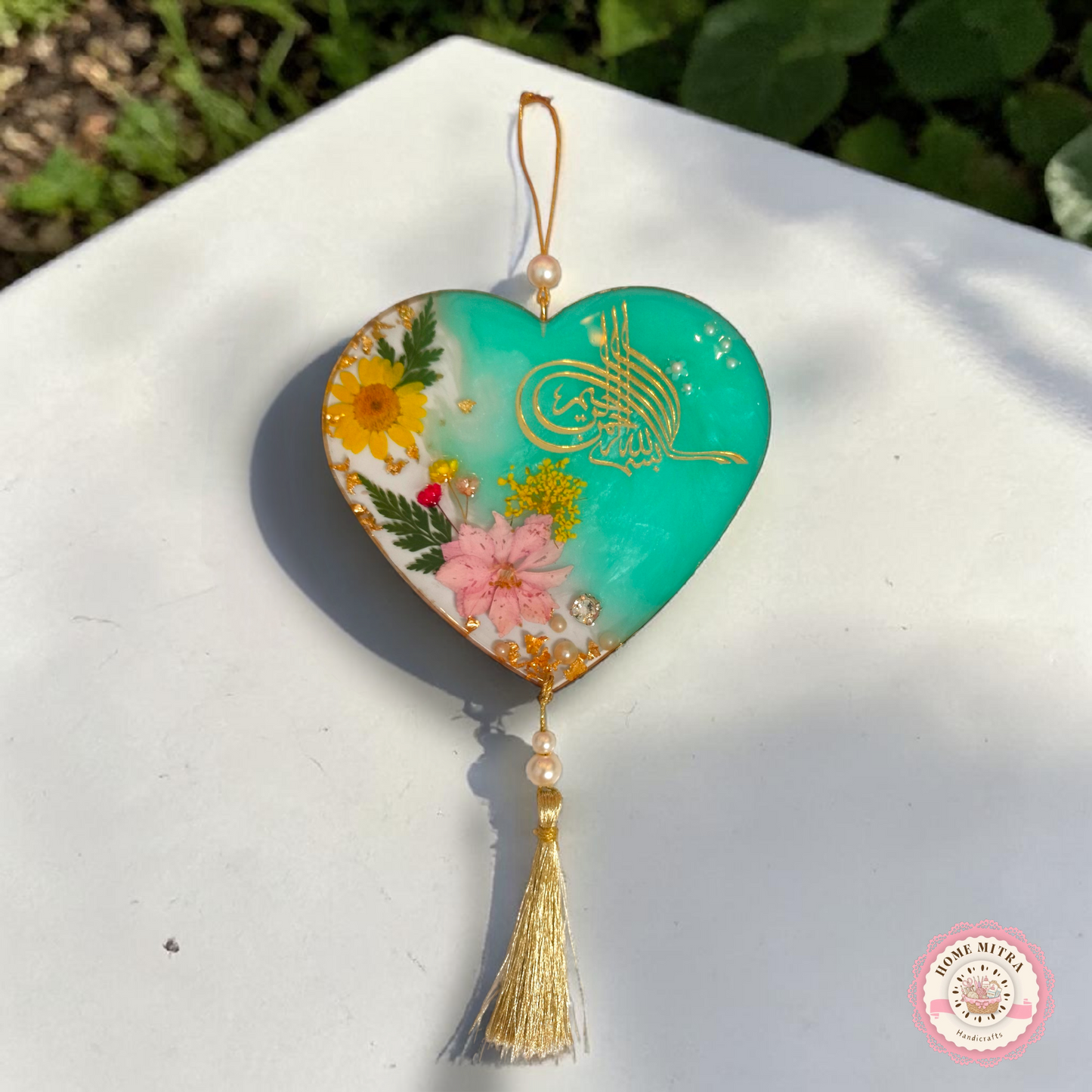 Eternal Grace: Teal & Gold Floral Resin Heart Charm