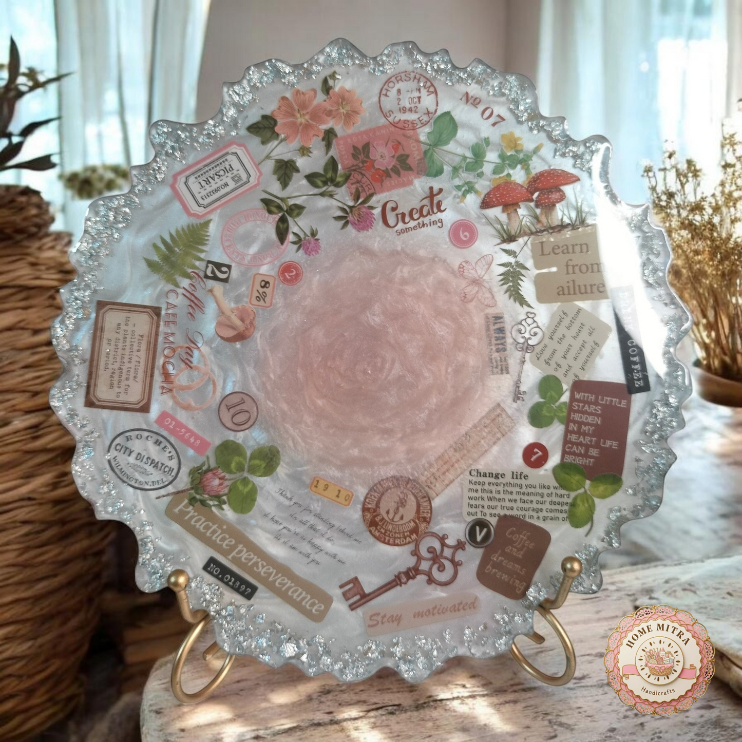 8-Inch Vintage Parisian Cafe Resin Display Plaque - Handcrafted Pearlescent Decorative Plate with Metallic Stand
