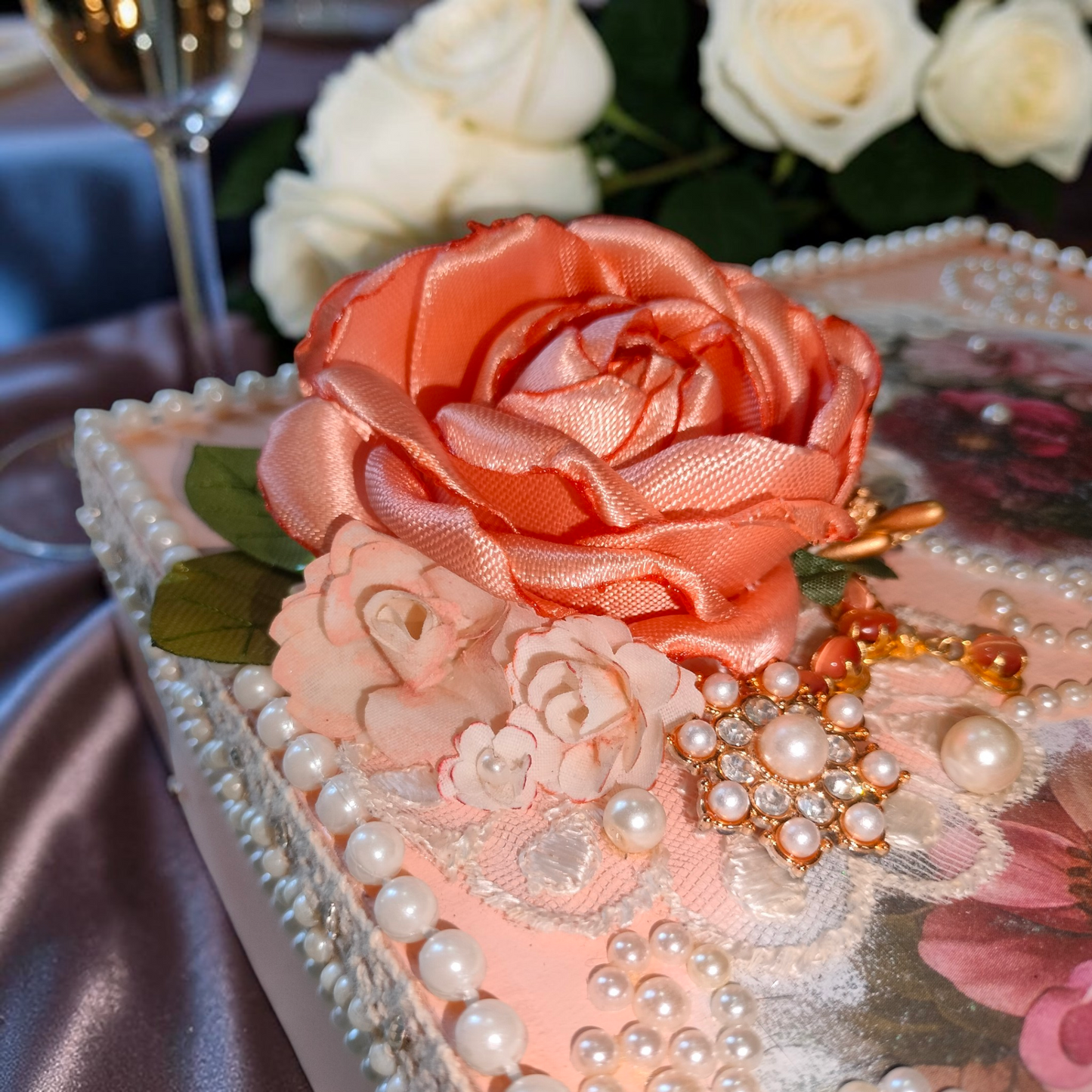 Vintage Peony and Rose Pearl Shabby Chic Vanity Trunk