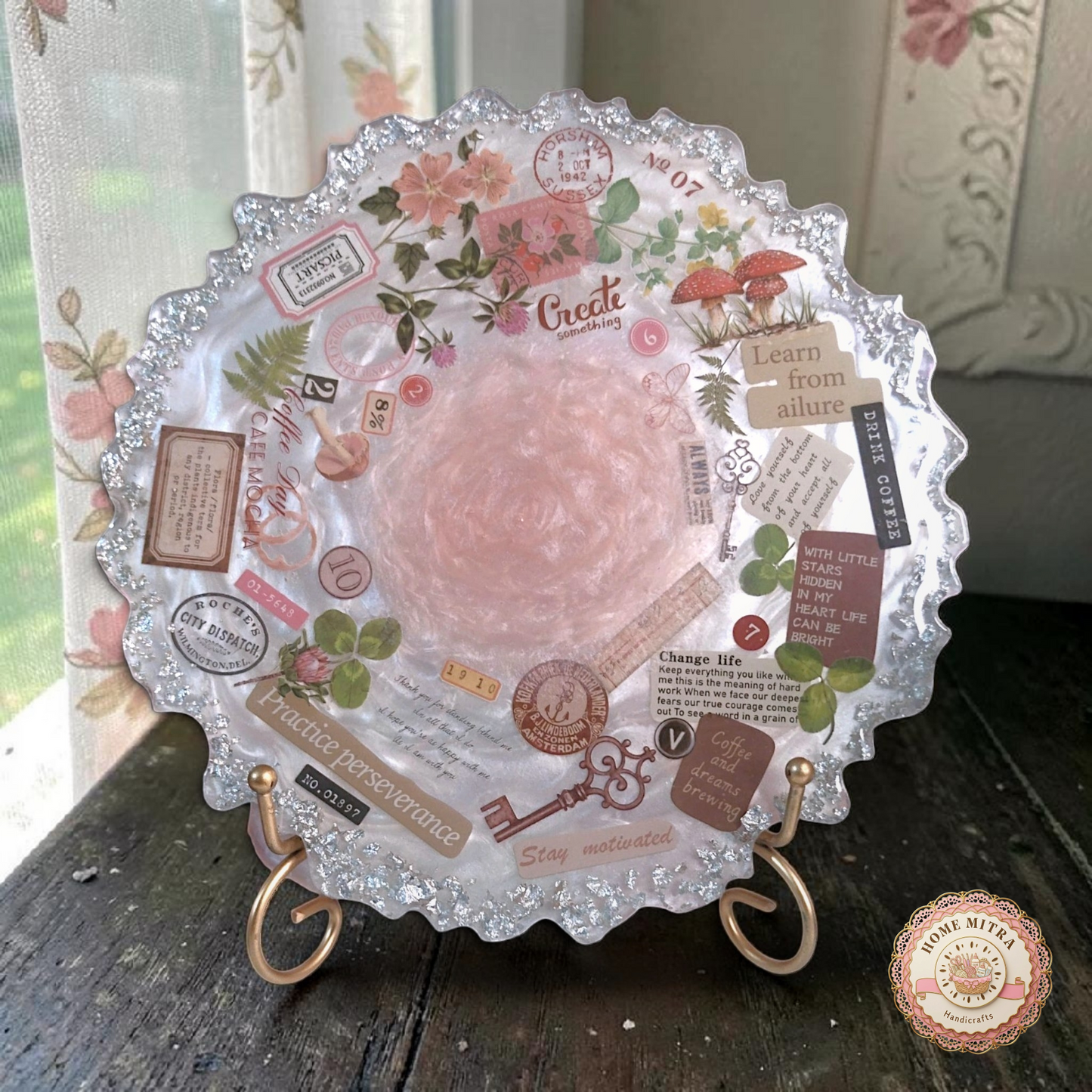 8-Inch Vintage Parisian Cafe Resin Display Plaque - Handcrafted Pearlescent Decorative Plate with Metallic Stand