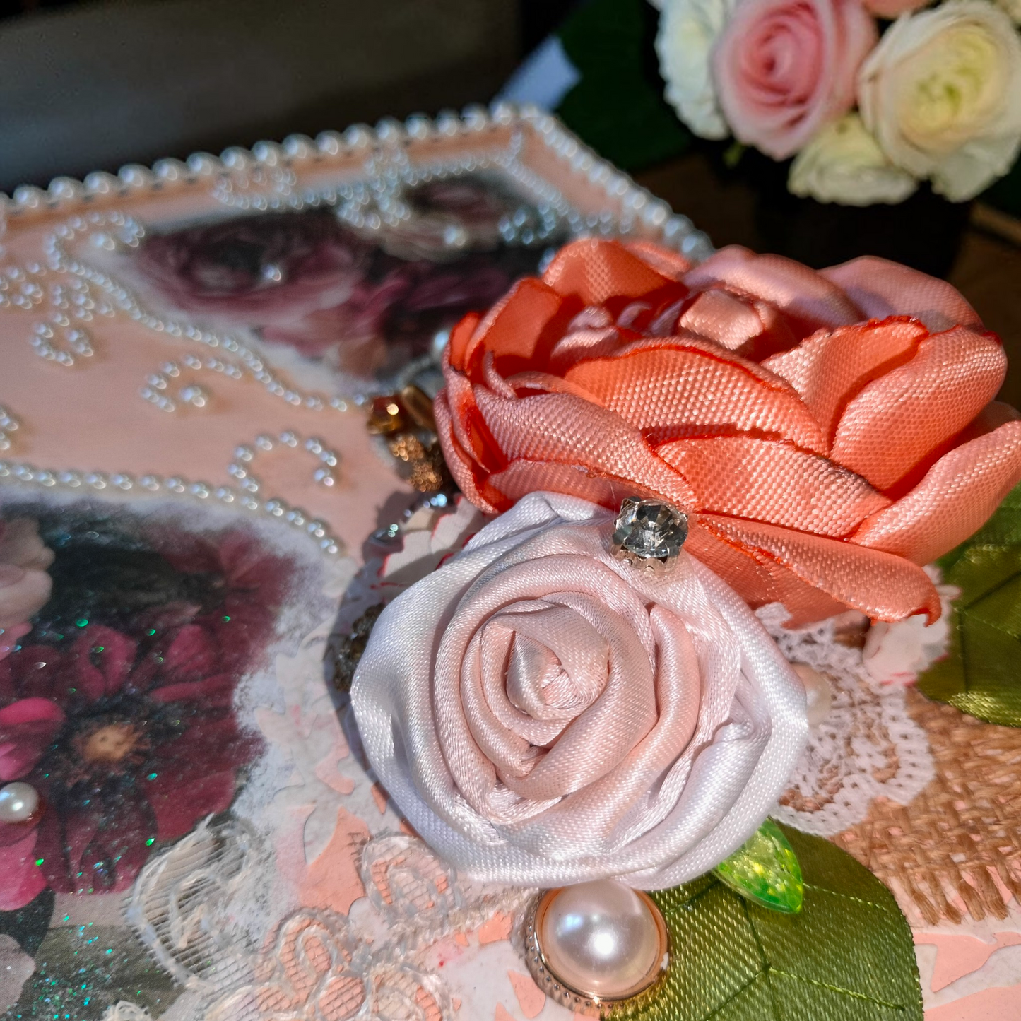 Vintage Peony and Rose Pearl Shabby Chic Vanity Trunk